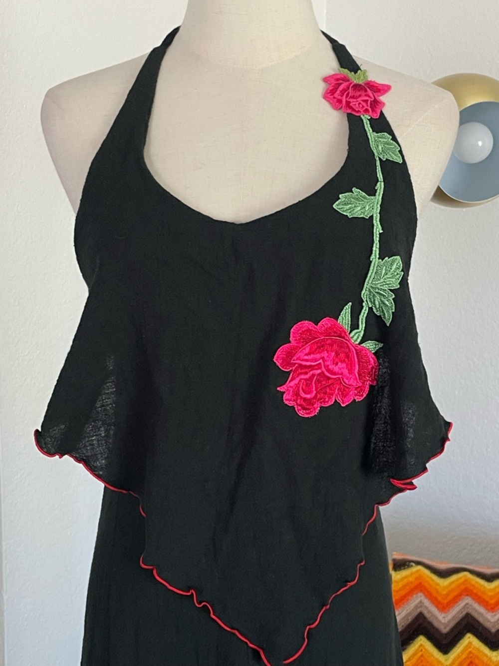 Vintage 1970s Young Edwardian by Anpeja Boho Rose Floral Halter Dress - Picture 5 of 8